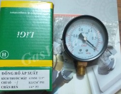 Đồng hồ đo áp suất Ligi chân đồng đứng 8A, vỏ thép D63  P-1kg, -76 cmHg